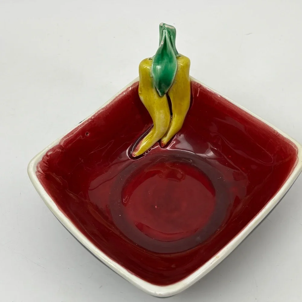 Vintage Italy Ceramic Chili Pepper Bowl Red Black Square Pottery Hand Painted